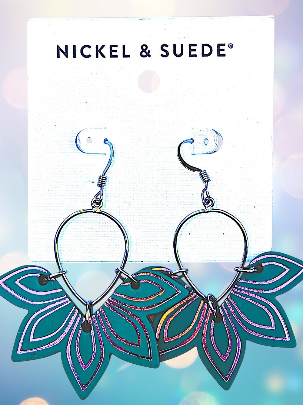 NEW Nickel & Suede Teal Petal Hoop Earrings